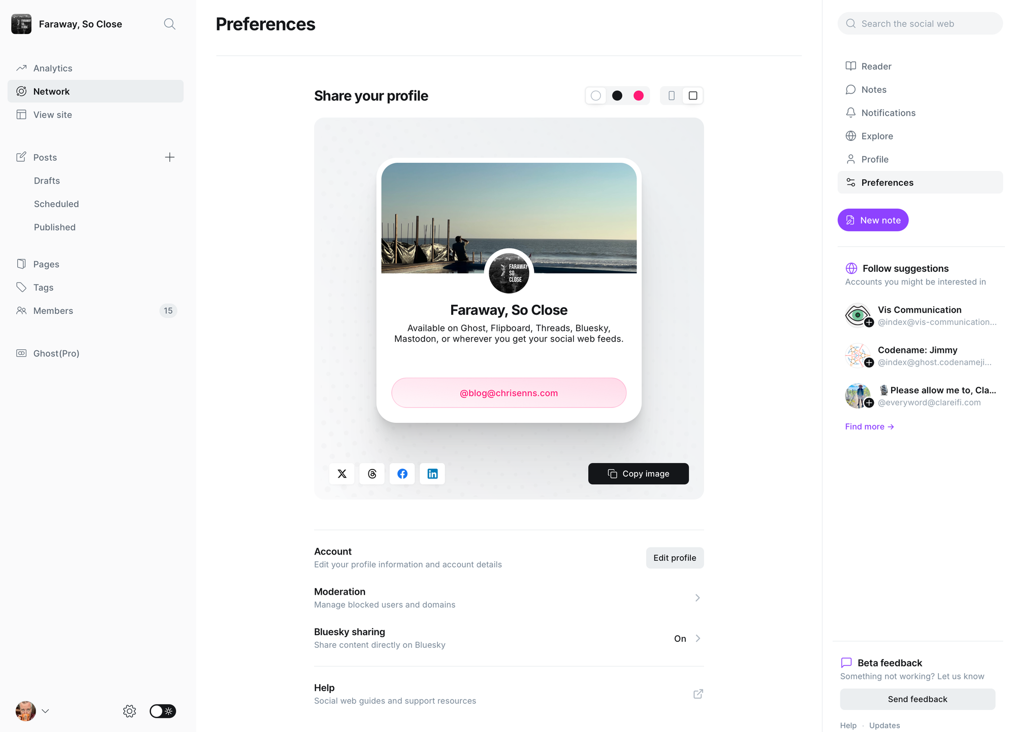 Screenshot of the Network tab with Preferences in Ghost v6 for my blog