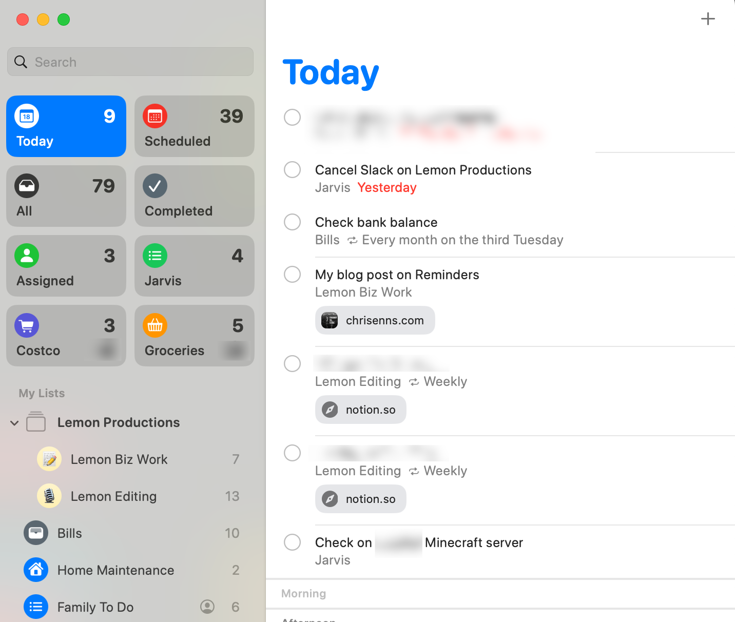 Screenshot of Apple Reminders for macOS showing the various lists I have