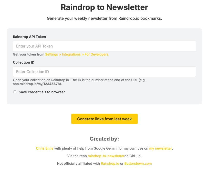 Screenshot of https://raindropnewsletter.chrisenns.com showing the app I built by typing words into an AI box