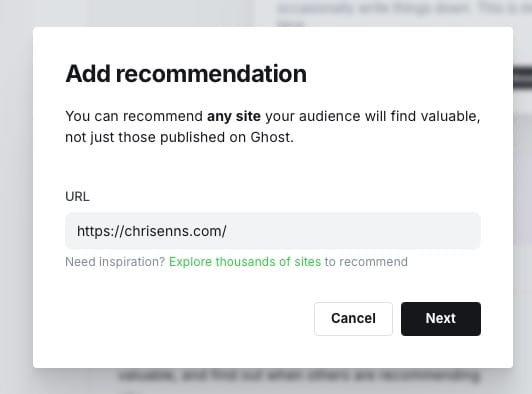 Screenshot showing the Add recommendation menu with a url you add
