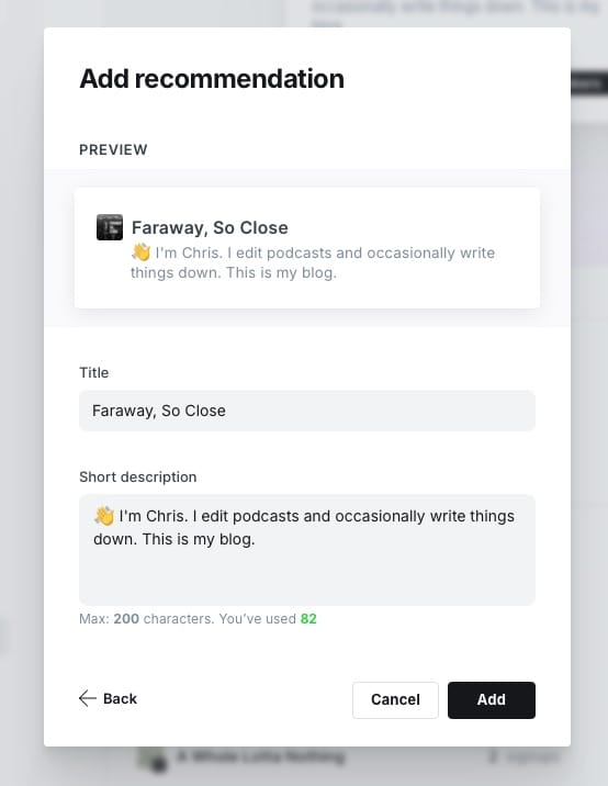Screenshot showing the add recommendation menu using my blog details as an example