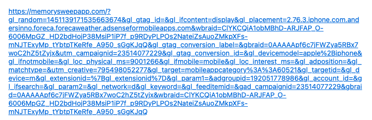 Screenshot of a URL that starts with memorysweepapp dot com followed by a 8+ lines of tracking code