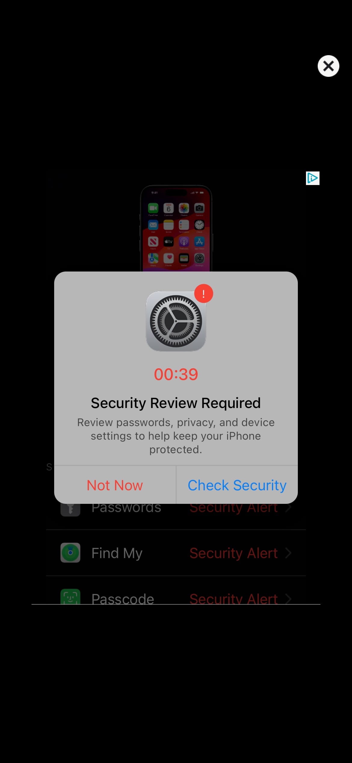 Screenshot of a ad pop up reading "Security Review Required" with options for Not Now and Check Security