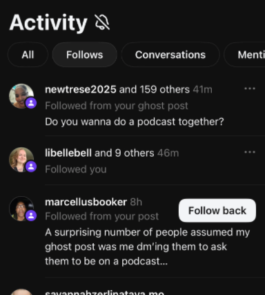 Screenshot of Threads showing Activity screen with Follows highlighted