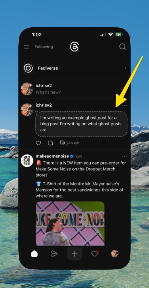 Screenshot of Threads on iOS and where a Ghost post appears alongside regular posts, just with a speech bubble around it