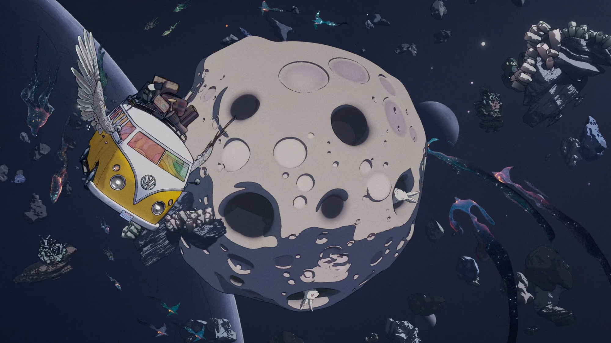 Screengrab of Apple's animation for announcing their next os name with a flying VW bus and asteroid