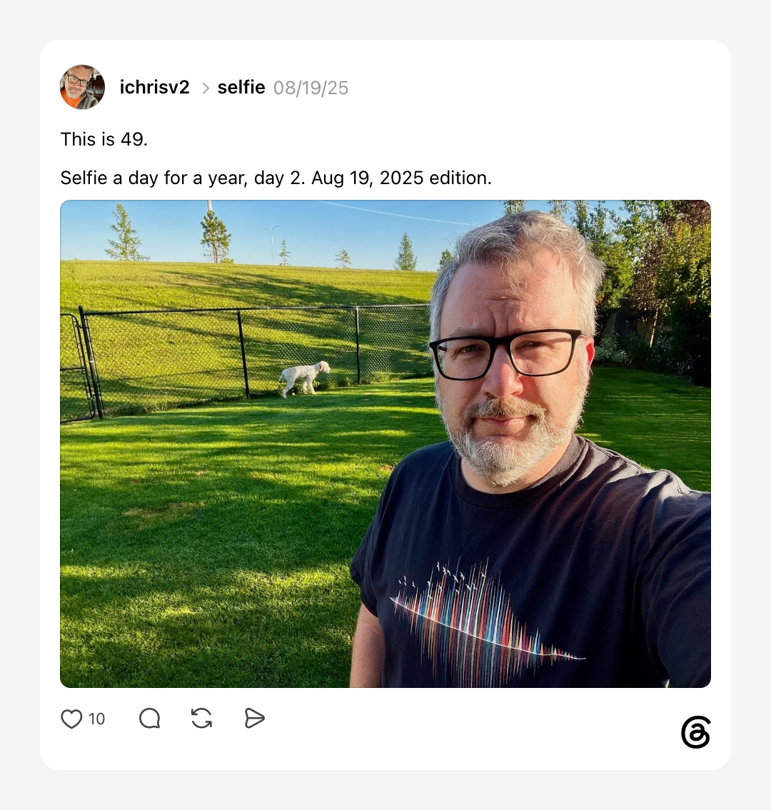 Screenshot of my first selfie a day photo on August 19, 2025