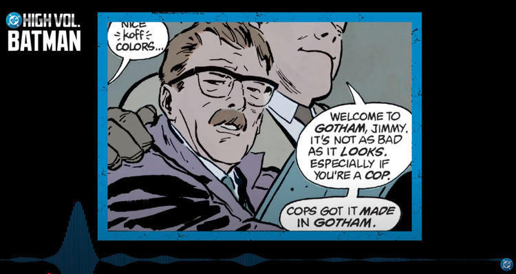 Screenshot of the YouTube version of the podcast with a comic on display featuring Jim Gordon.