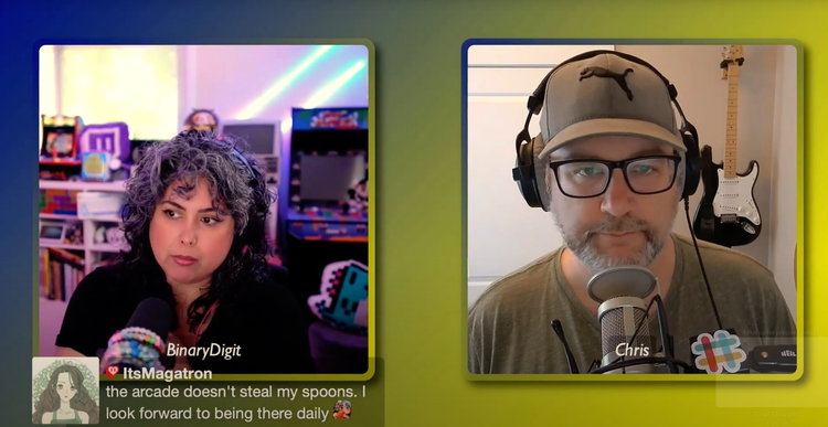 Screenshot from the live stream conversation showing Liz and Chris chatting