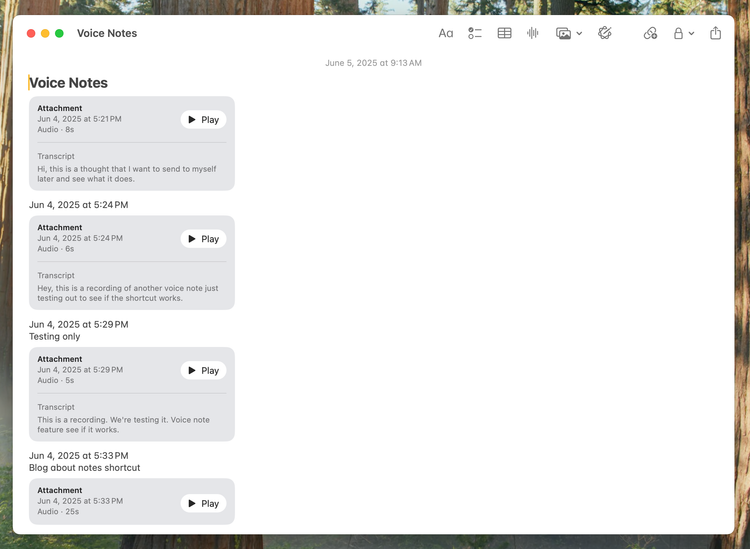 Screenshot of Apple Notes on macOS with a Note called "Voice Notes" open