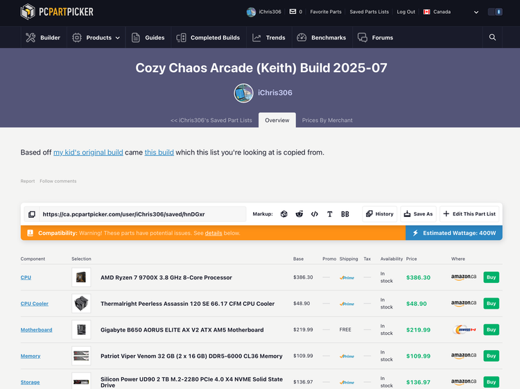 Screenshot of a PCPartPicker.com build list labelled "Cozy Chaos Arcade Build 2025-07"