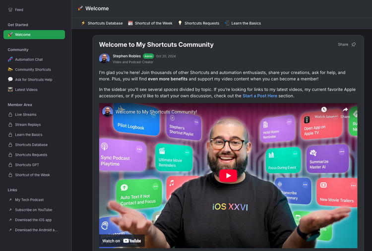 Screenshot of Stephen Robles Shortcuts community homepage