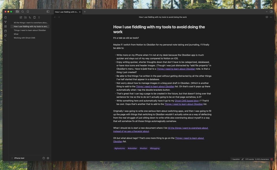 Screenshot of an Obsidian document on macOS showing the same text as is in this blog post