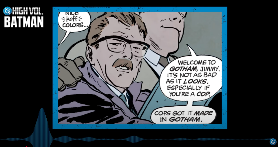 Screenshot of the YouTube version of the podcast with a comic on display featuring Jim Gordon.