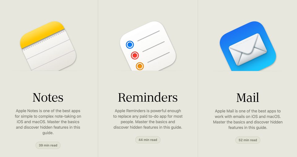 Screenshot of Hulry's website showing Notes, Reminders, and Mail sections of his tutorials