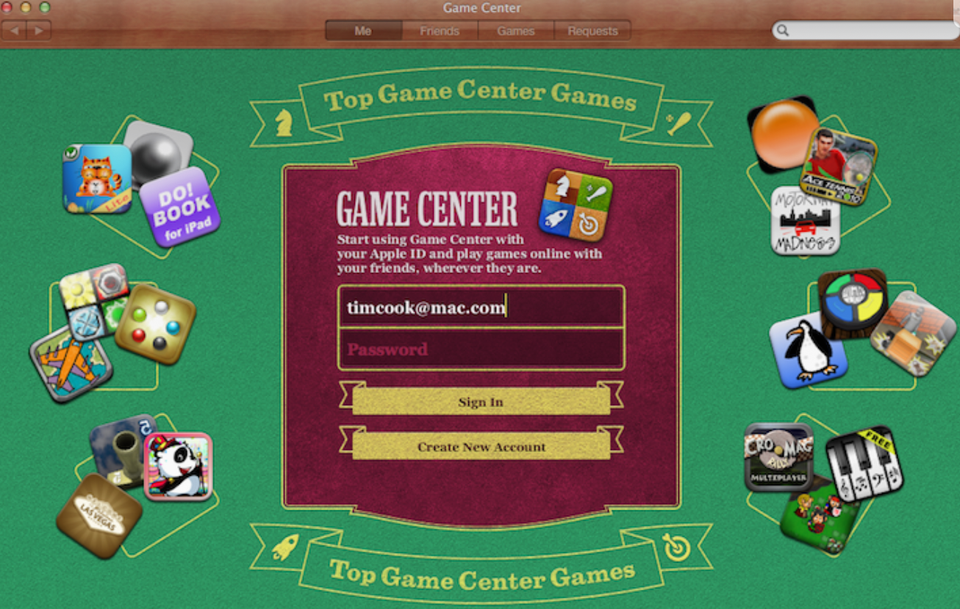 Screenshot from macOS app Game Center from a few years ago with green felt background.
