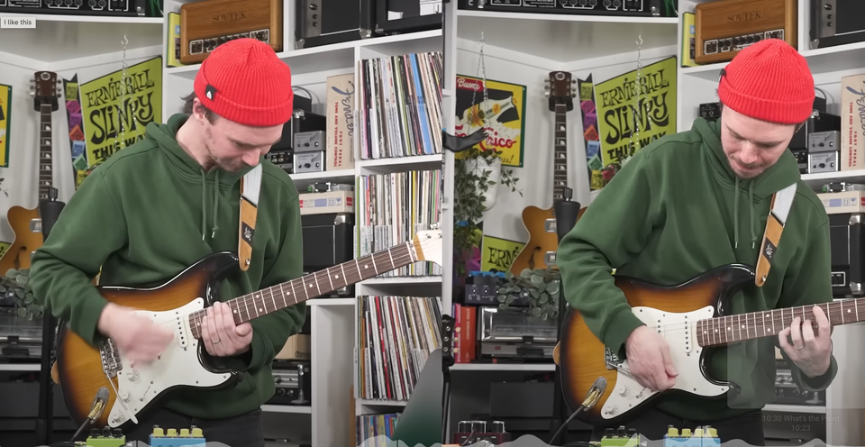 Nick from JHS Pedals playing a Stratocaster guitar