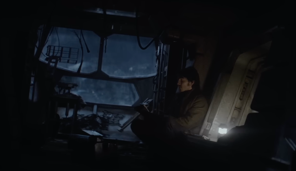 Screenshot from Andor showing Cassian Andor reading Nemik's Manifesto