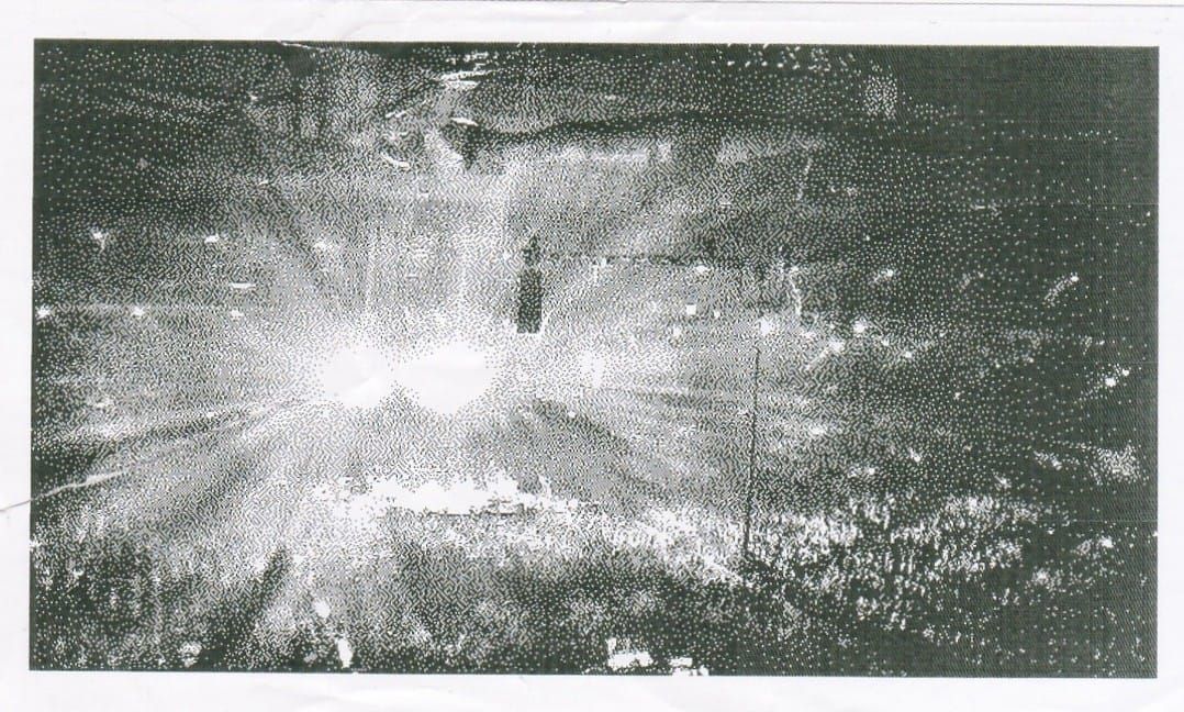 Black and white image showing the stage at Phish's July 18 show. Kinda looks like you're looking into god's great big beautiful boobs tbh.