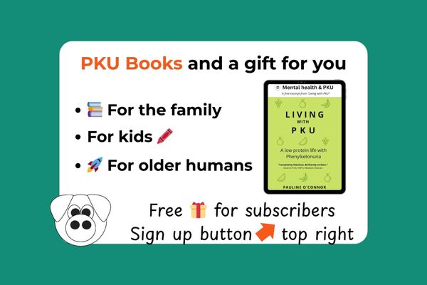 Promotional graphic showing book covers and a call to subscribe for a free Mental Health & PKU download and newsletter updates about low-protein books