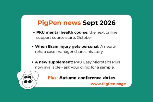 White slide on green background with cartoon pig logo and text reading 'PKU mental Health course starts October, When BI gets personal, and a new supplement PKU Microtabs Plus now available