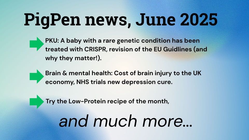 Blue shaded slide with text: PigPen News: a baby with rare genetic condition treated with CRISPR, Cost of brain injury to the economy