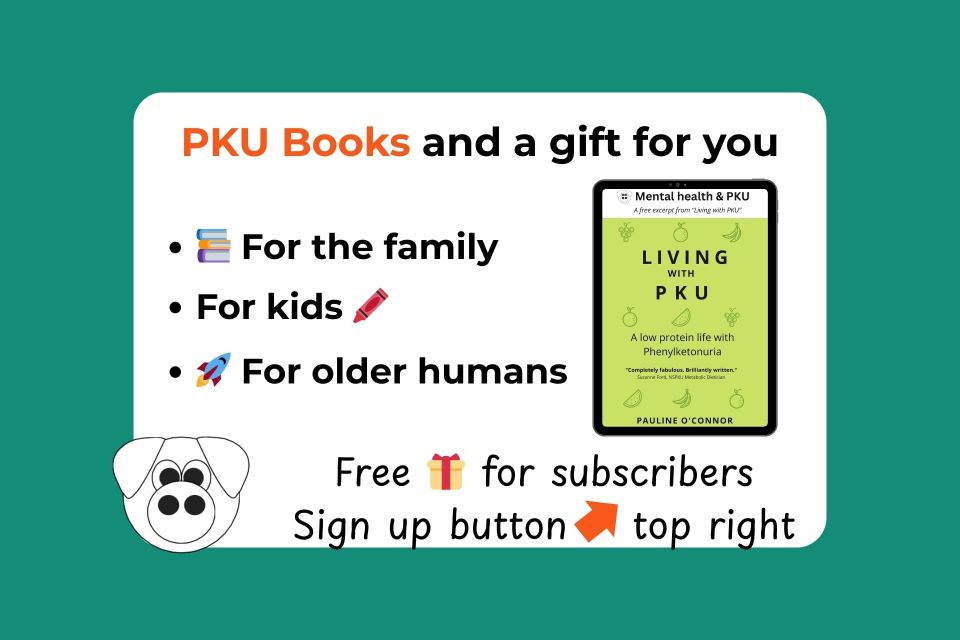 Promotional graphic showing book covers and a call to subscribe for a free Mental Health & PKU download and newsletter updates about low-protein books