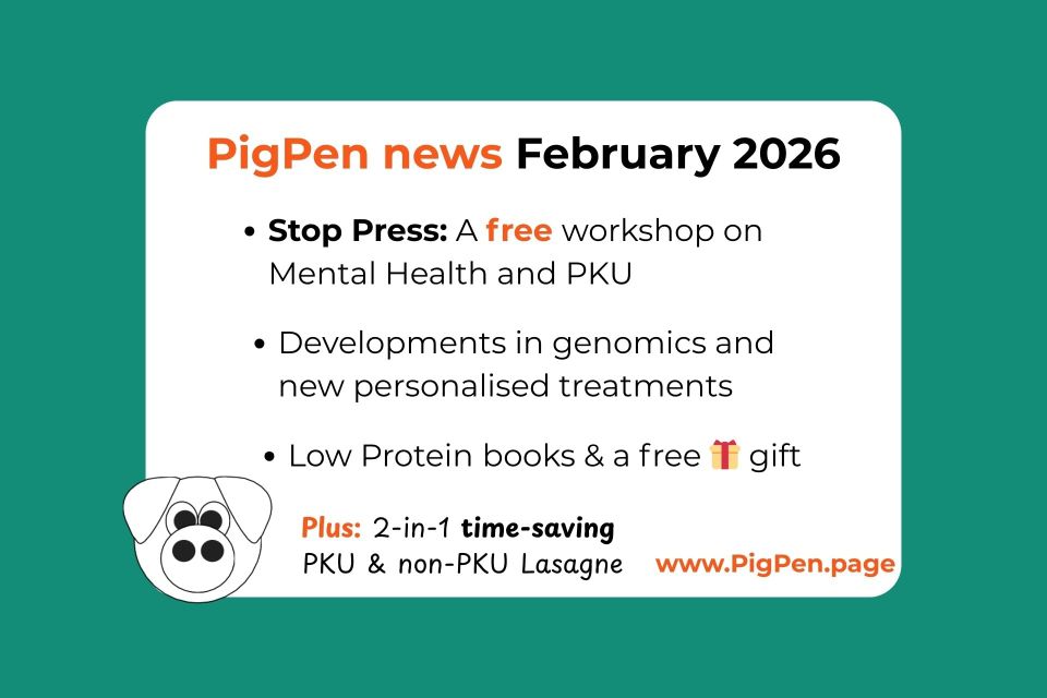 Slide with text in a white box on a teal background. Cartoon pig logo. Text reads "Low Protein books and free gift"