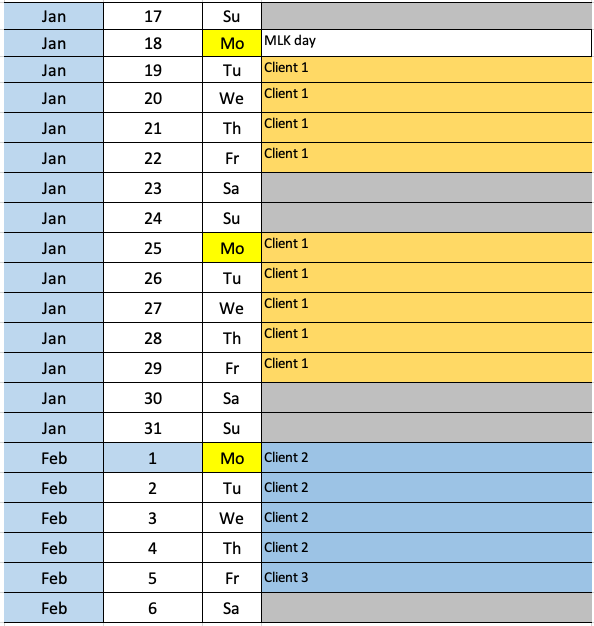 A calendar showing work blocked out by day
