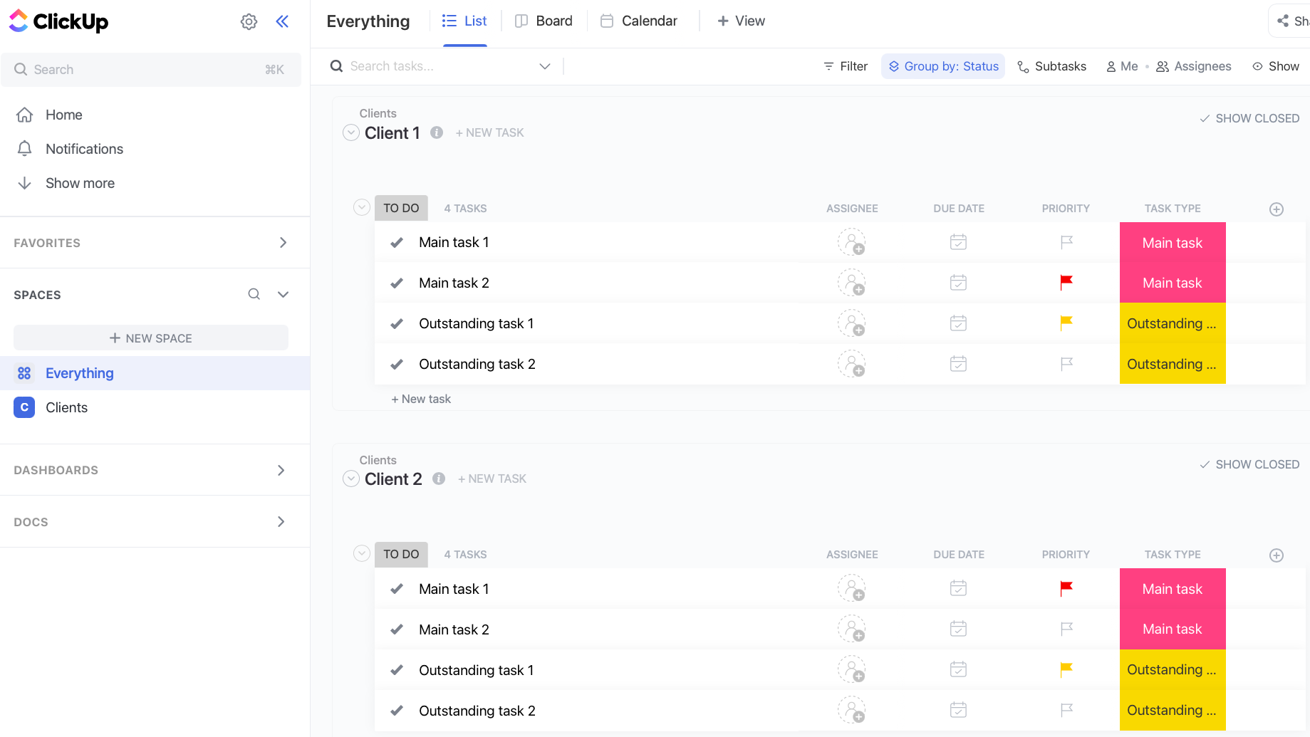 Example ClickUp page to track two clients