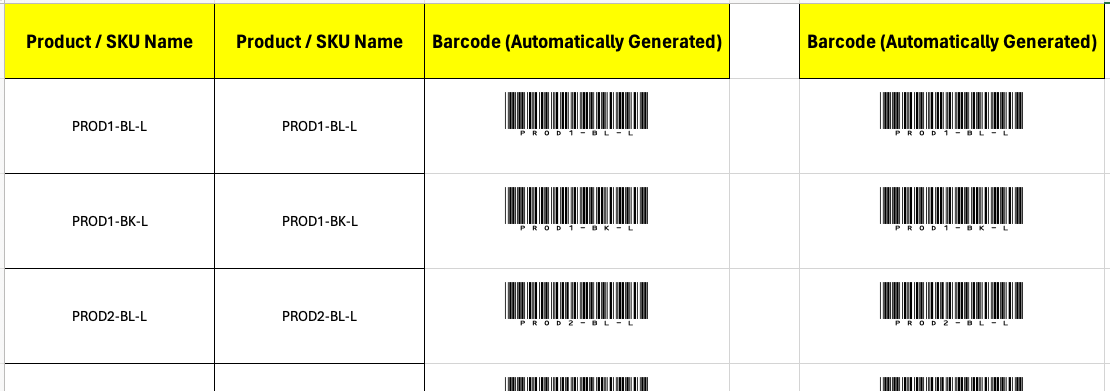 Product SKU names and their corresponding barcodes