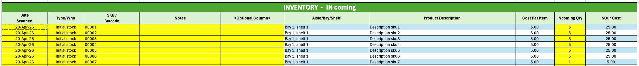 Image of Incoming sheet with Notes and Optional columns