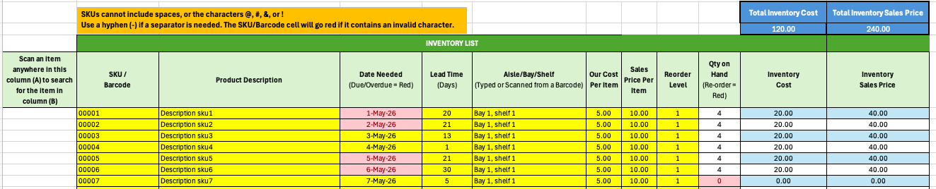 Inventory Summary Sheet