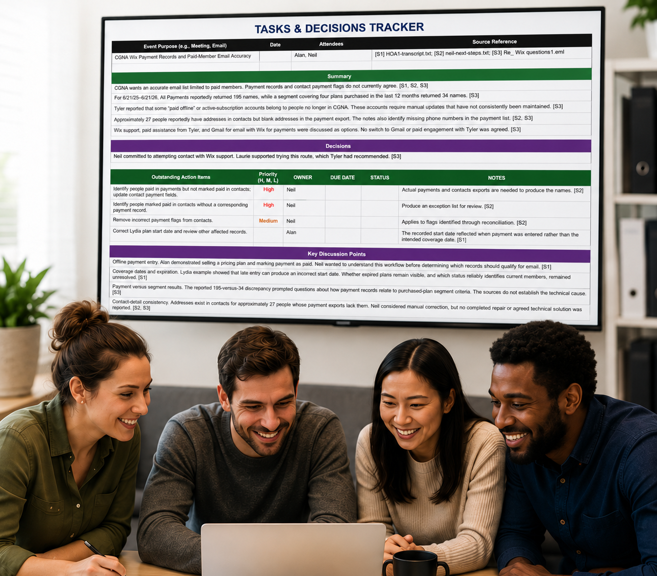A team reviewing the data in a spreadsheet tracker