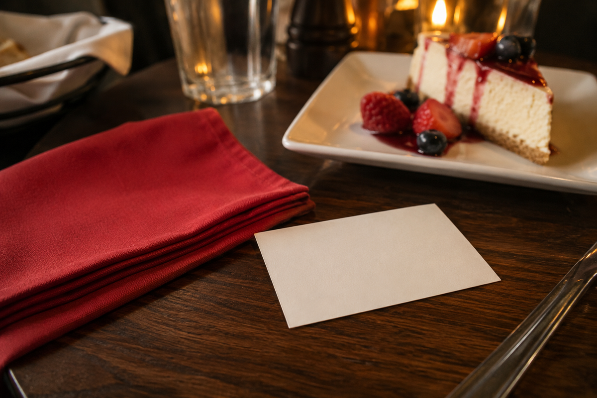 Image of a napkin, desert and postcard