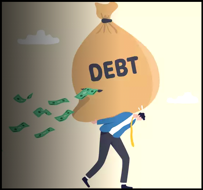 Image of a man carrying a large sack of debt on his back