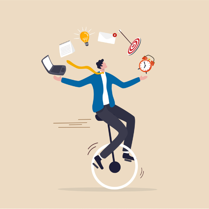 Person on bicycle juggling many items at once