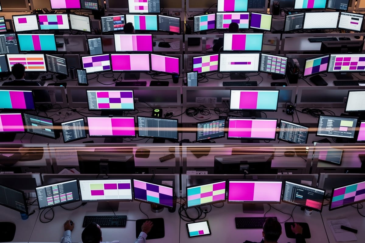 Overzicht van computerlab met tientallen monitors die kleurrijke blokken tonen in roze, paars en cyaan.