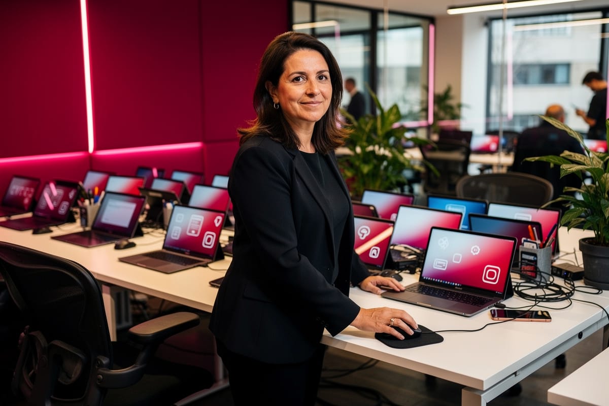 Vrouw in zwart pak aan bureau met meerdere laptops met roze schermen in modern kantoor