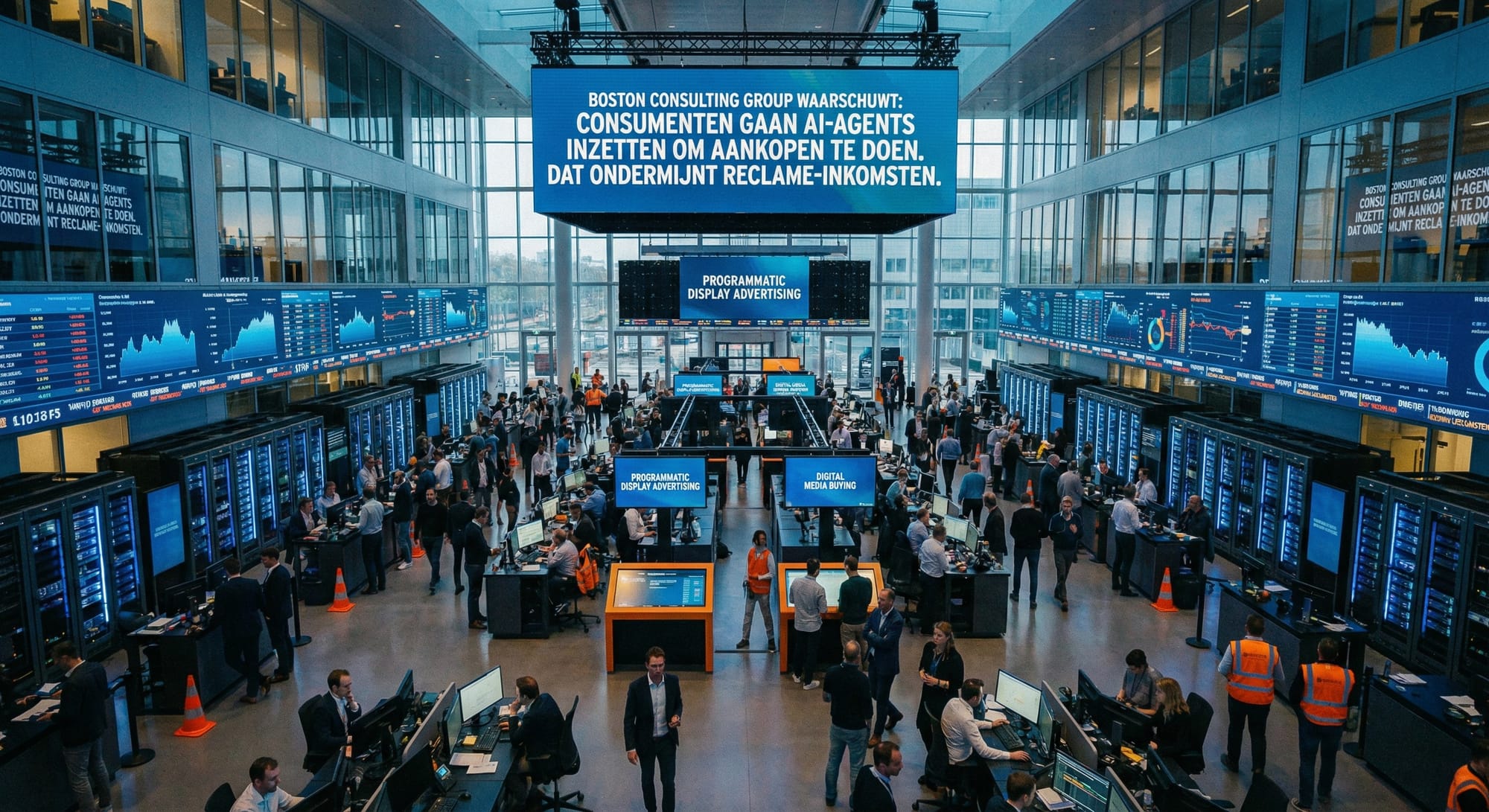 Drukke beurshal met blauwe handelsschermen, displays over programmatic advertising en mensen aan werkstations met oranje accenten.