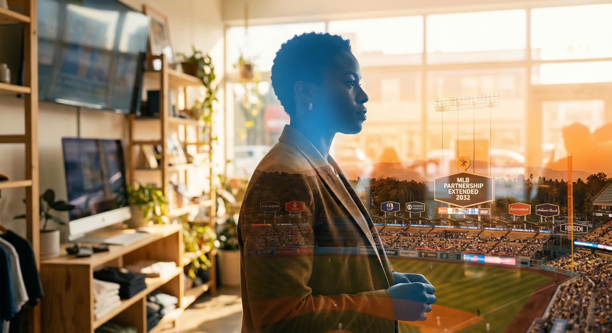Dubbele belichting: silhouet van persoon in kantoor overlapt met honkbalstadion bij zonsondergang met reclameborden