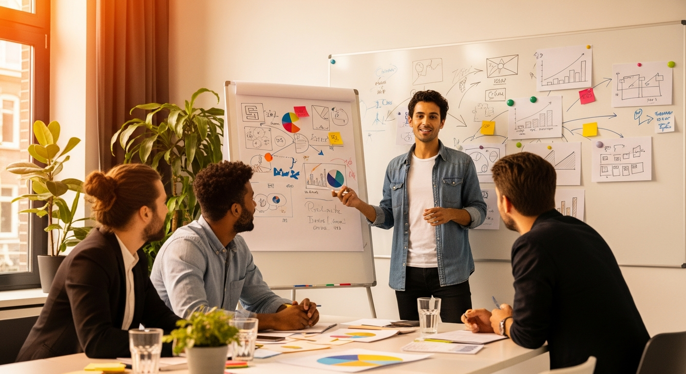 Creatief pitchgesprek in reclamebureau met enthousiast team