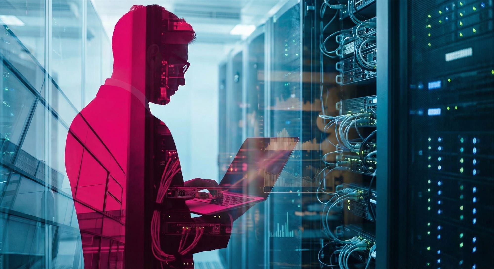 Persoon met laptop in roze licht voor serverracks met blauwe en groene lampjes in datacenter