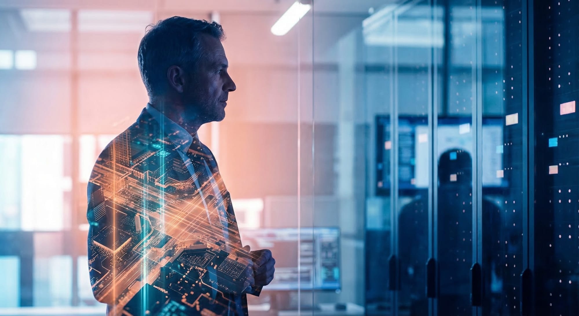 Zakenman in profiel met digitale technologie-overlay van circuits en datavisualisaties in blauw-oranje tinten