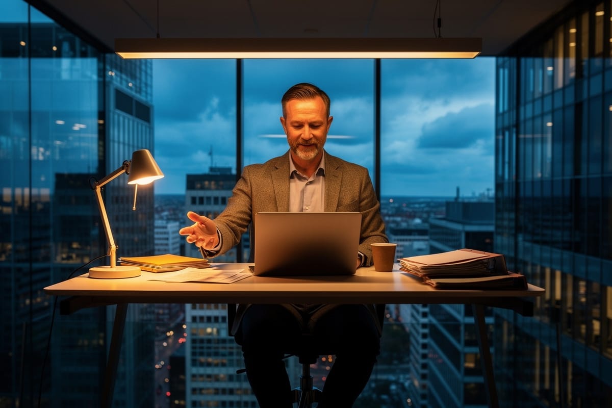 Zakenman in pak werkt 's avonds achter laptop aan bureau met stadsgezicht op achtergrond