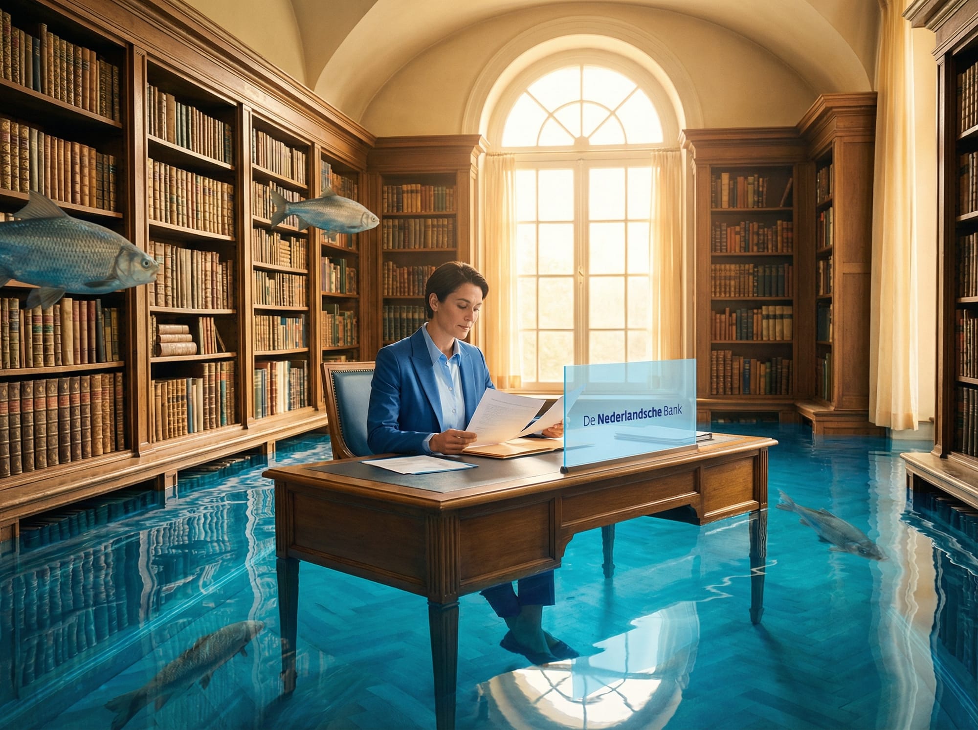 Vrouw in blauw pak aan bureau met De Nederlandsche Bank-logo, omringd door boeken en blauw water met vissen