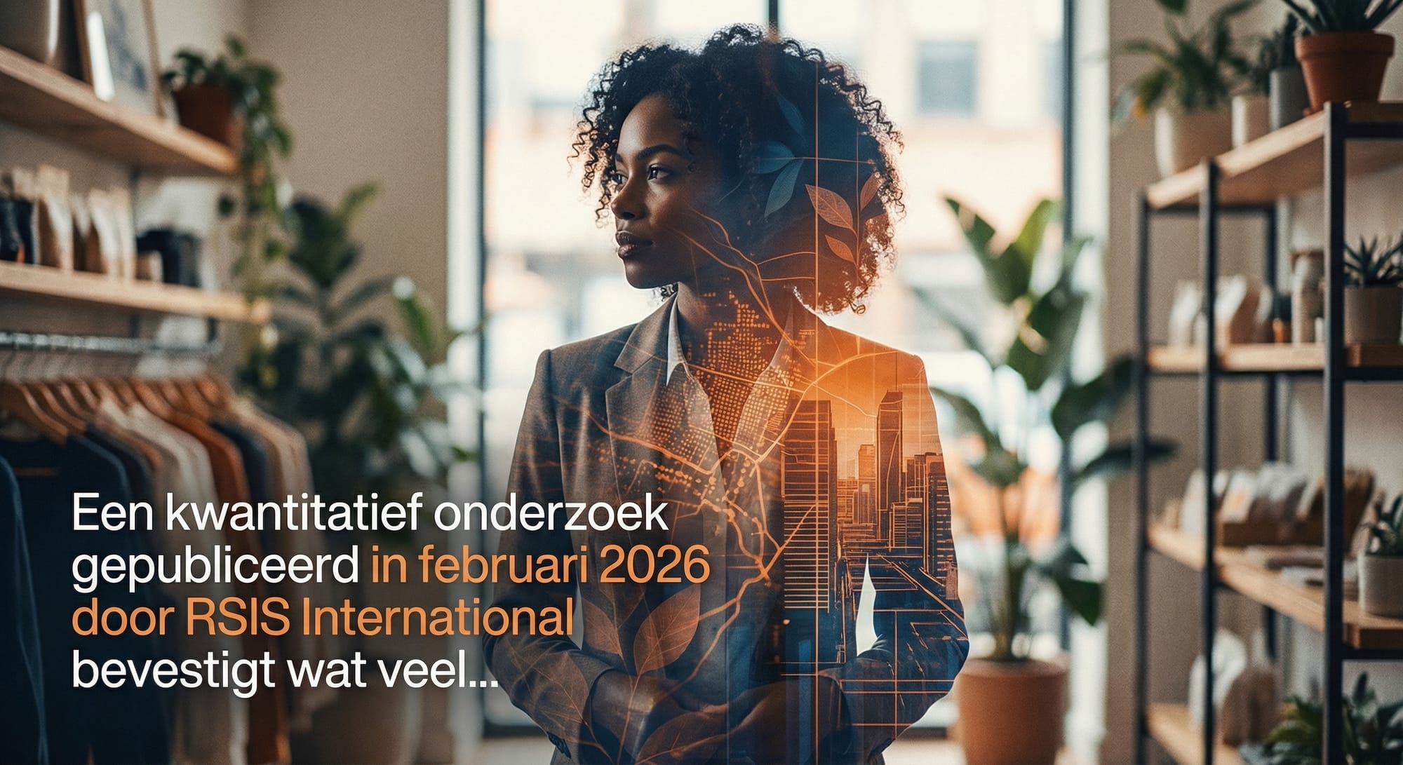 Profiel van zakenvrouw met dubbele belichting van stadsgezicht en digitale netwerkelementen in oranje tinten