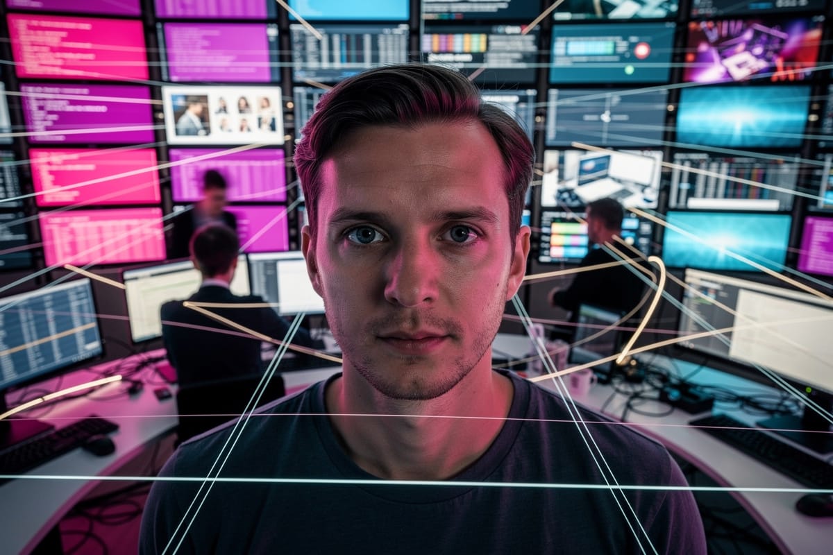 Man kijkt frontaal naar camera in high-tech controleruimte met roze en blauwe schermen
