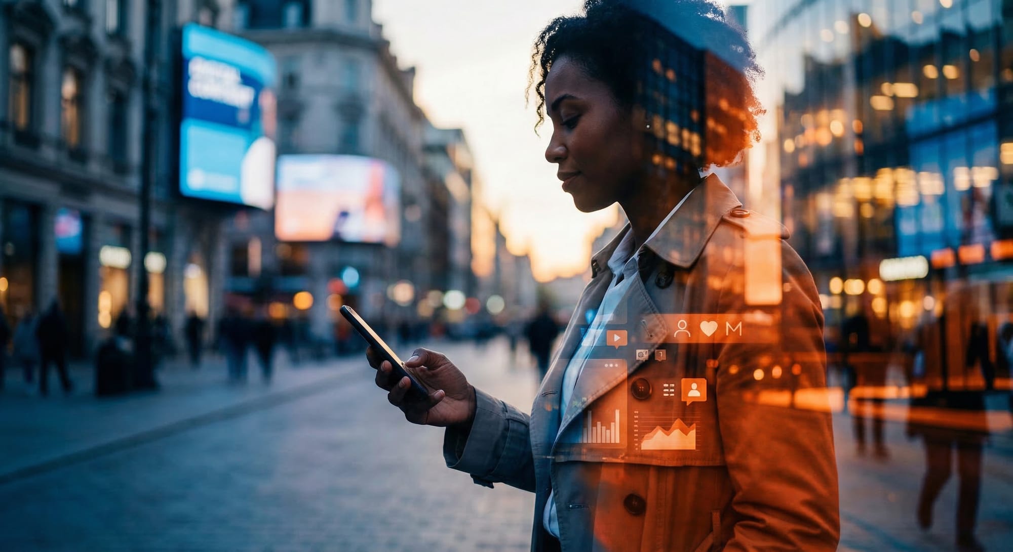 Vrouw met smartphone in stadsstraat bij zonsondergang, geprojecteerde sociale media-iconen en grafieken op haar kleding