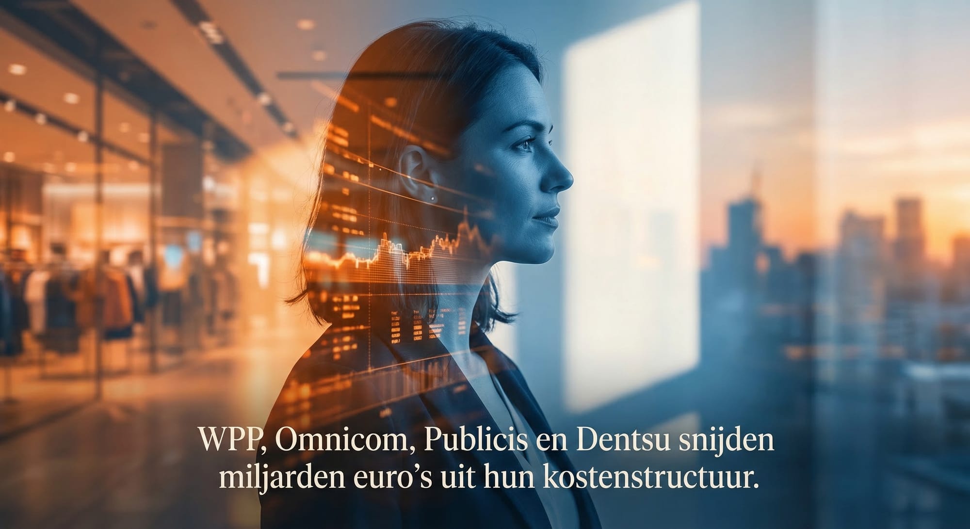 Vrouw in profiel met digitale overlay van grafieken en data, kantooromgeving met warme en koele tinten.